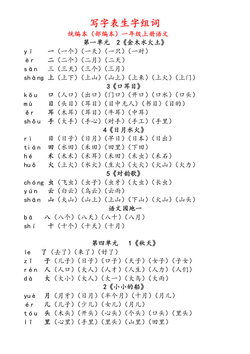 统编本(部编本)一年级上册写字表生字及组词