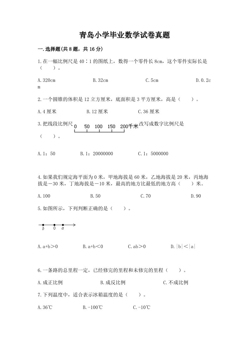 青岛小学毕业数学试卷真题附答案ab卷