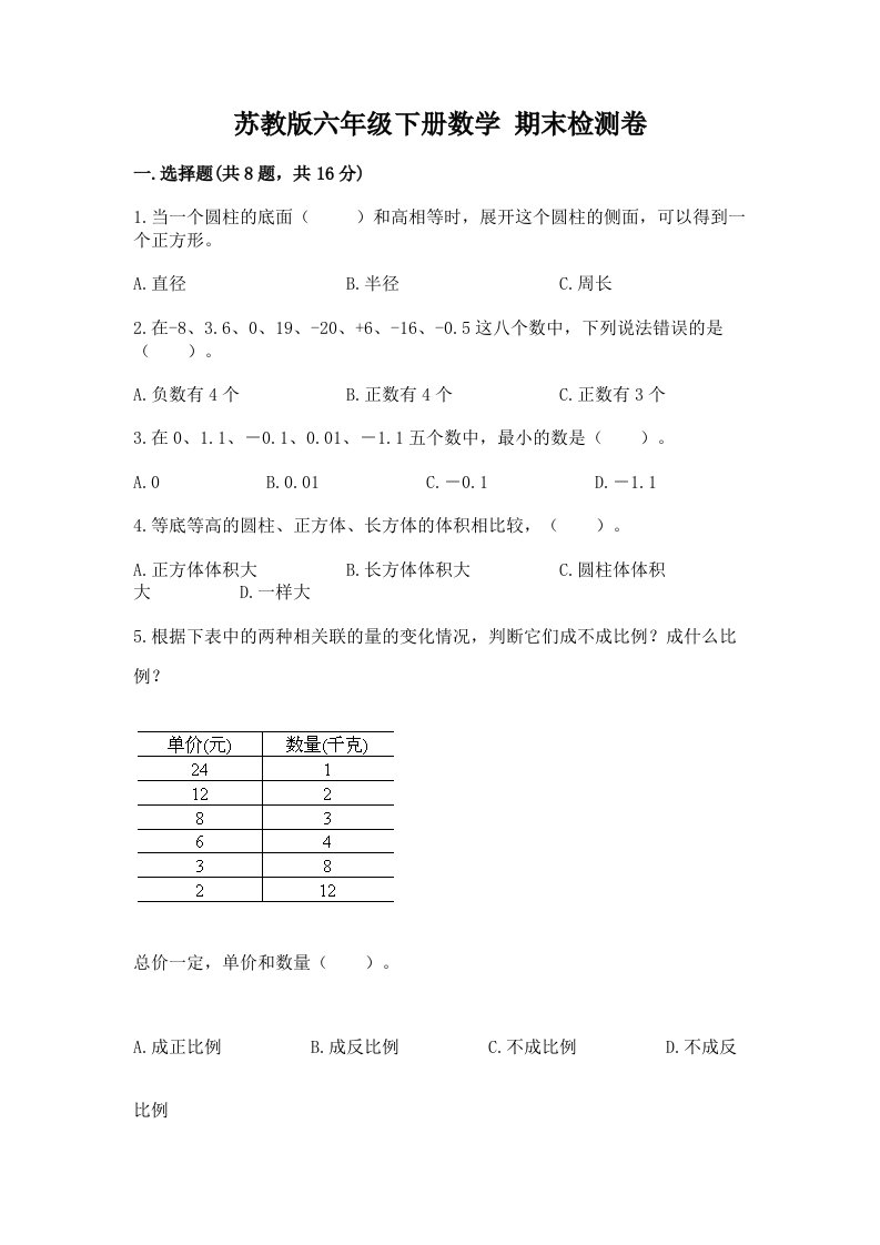 苏教版六年级下册数学