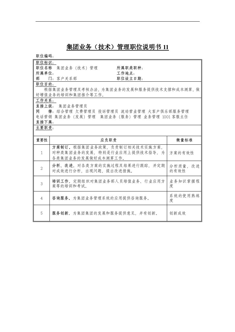 集团业务技术管理岗位说明书