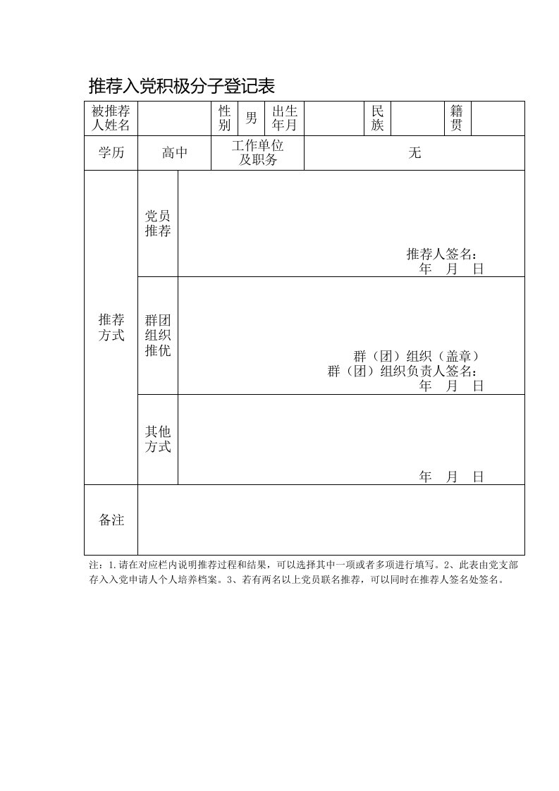 推荐入党积极分子登记表及填写模板