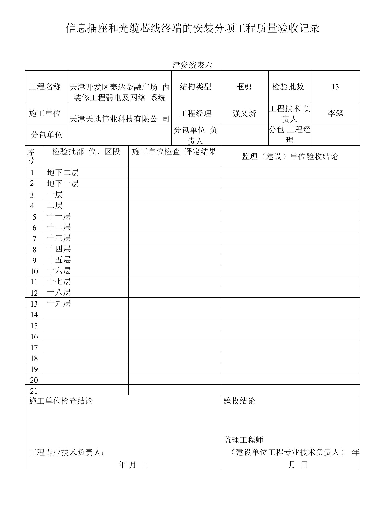 信息插座系统分项工程验收记录