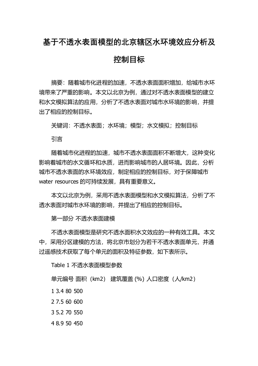 基于不透水表面模型的北京辖区水环境效应分析及控制目标