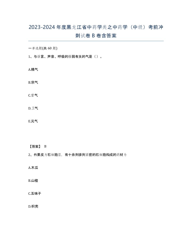 2023-2024年度黑龙江省中药学类之中药学中级考前冲刺试卷B卷含答案