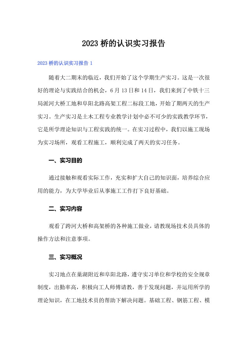 2023桥的认识实习报告