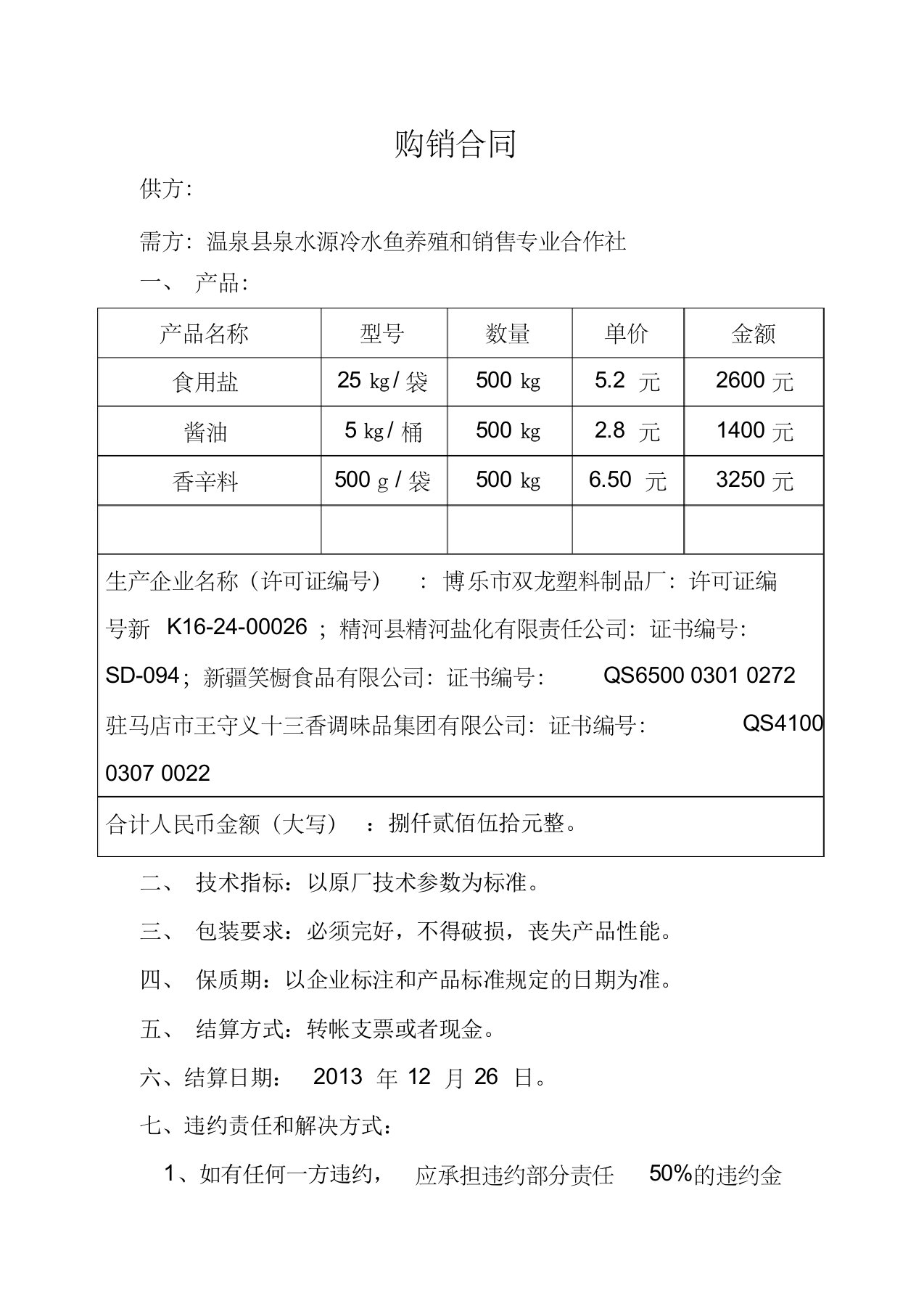 购销合同盐、酱油、香辛料