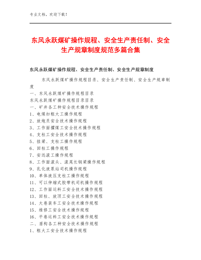 东风永跃煤矿操作规程、安全生产责任制、安全生产规章制度规范多篇合集