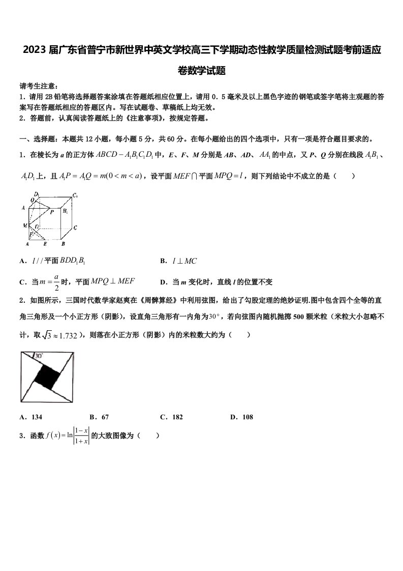 2023届广东省普宁市新世界中英文学校高三下学期动态性教学质量检测试题考前适应卷数学试题含解析