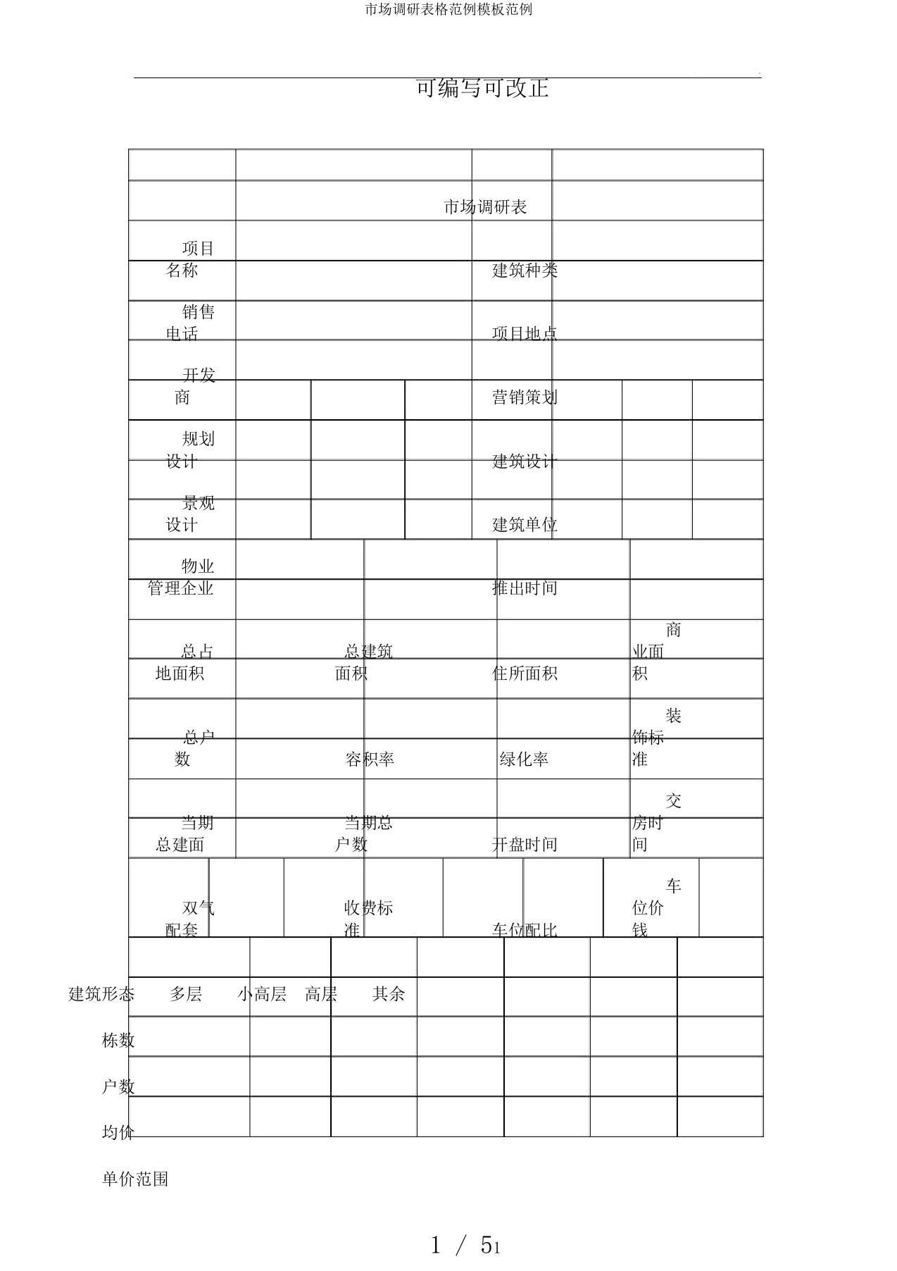 市场调研表格范例模板范例