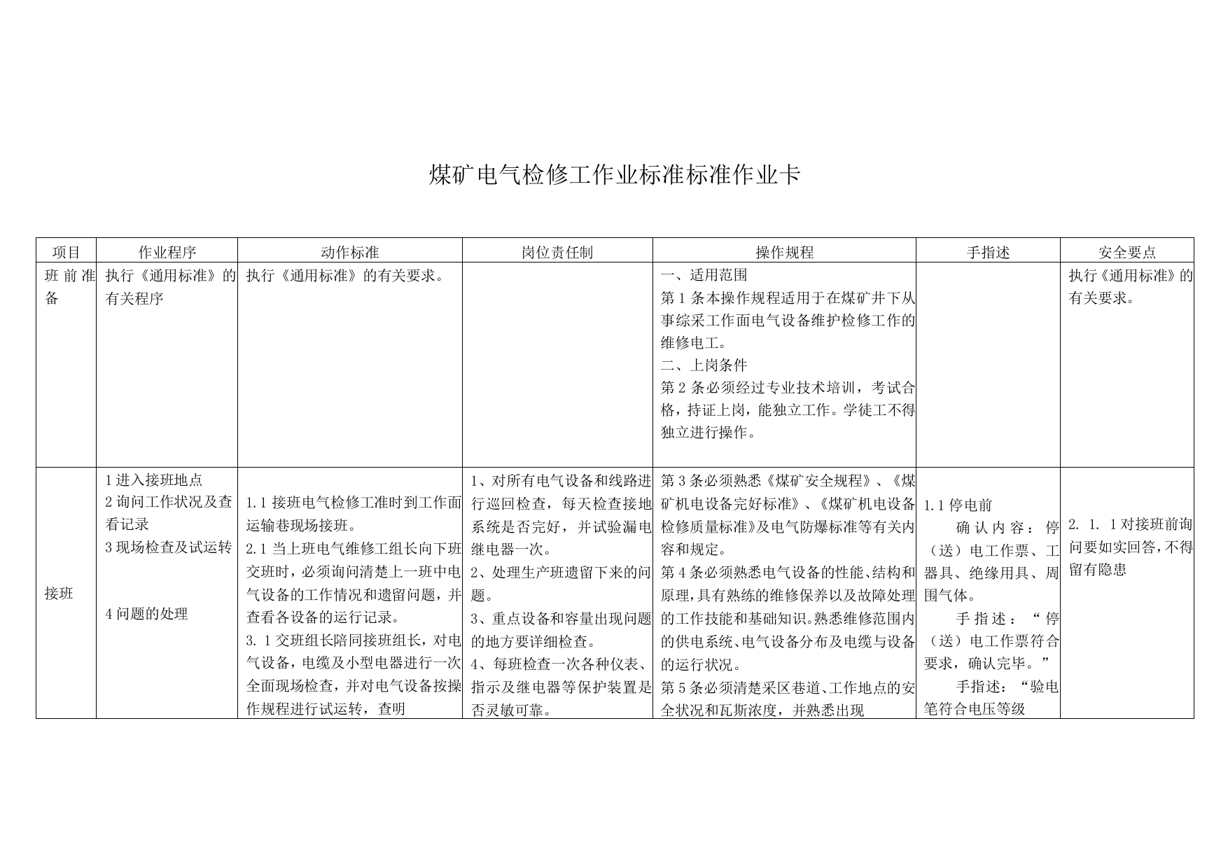 煤矿电气检修工作业标准标准作业卡