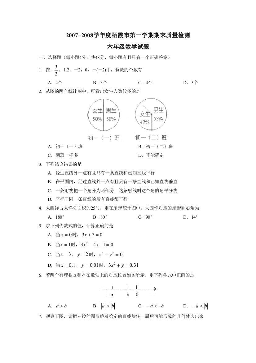 栖霞市第一学期期末质量检测六年级数学试题