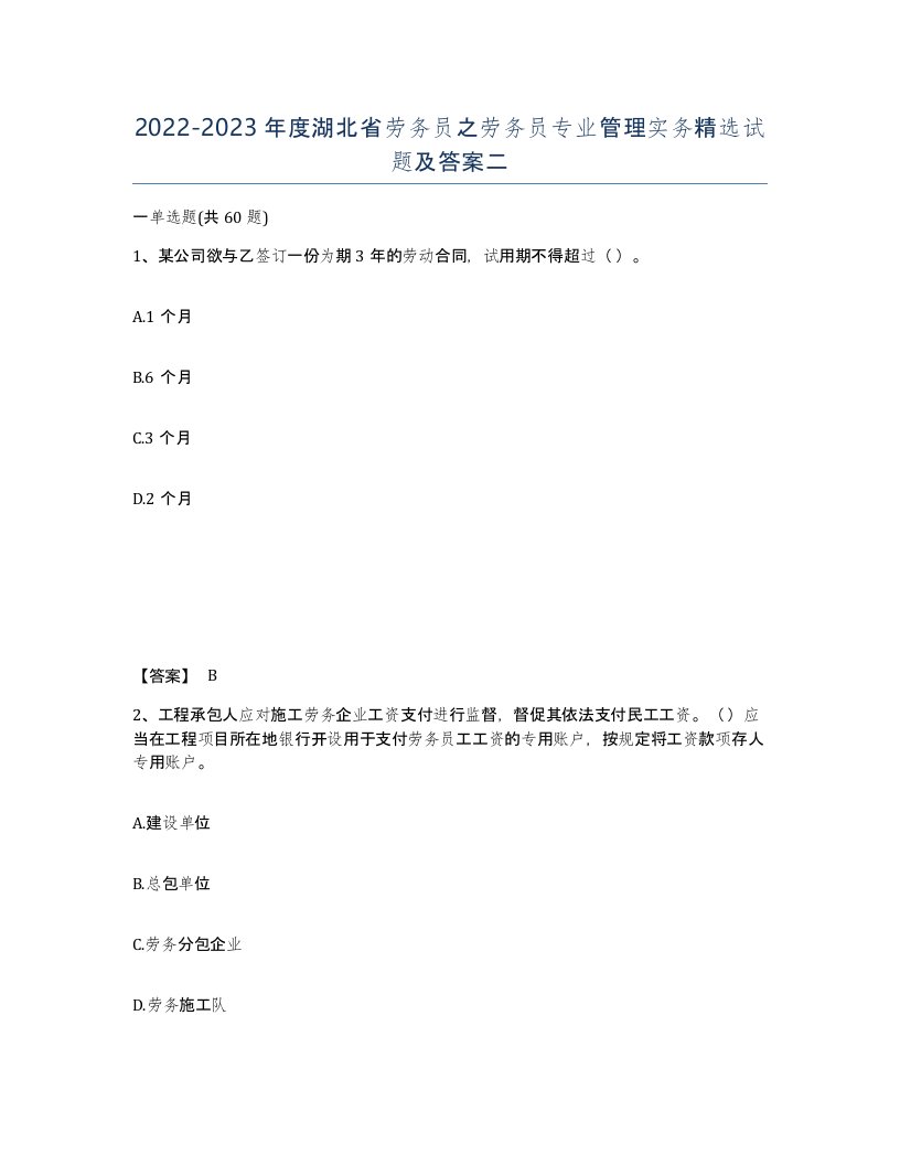 2022-2023年度湖北省劳务员之劳务员专业管理实务试题及答案二