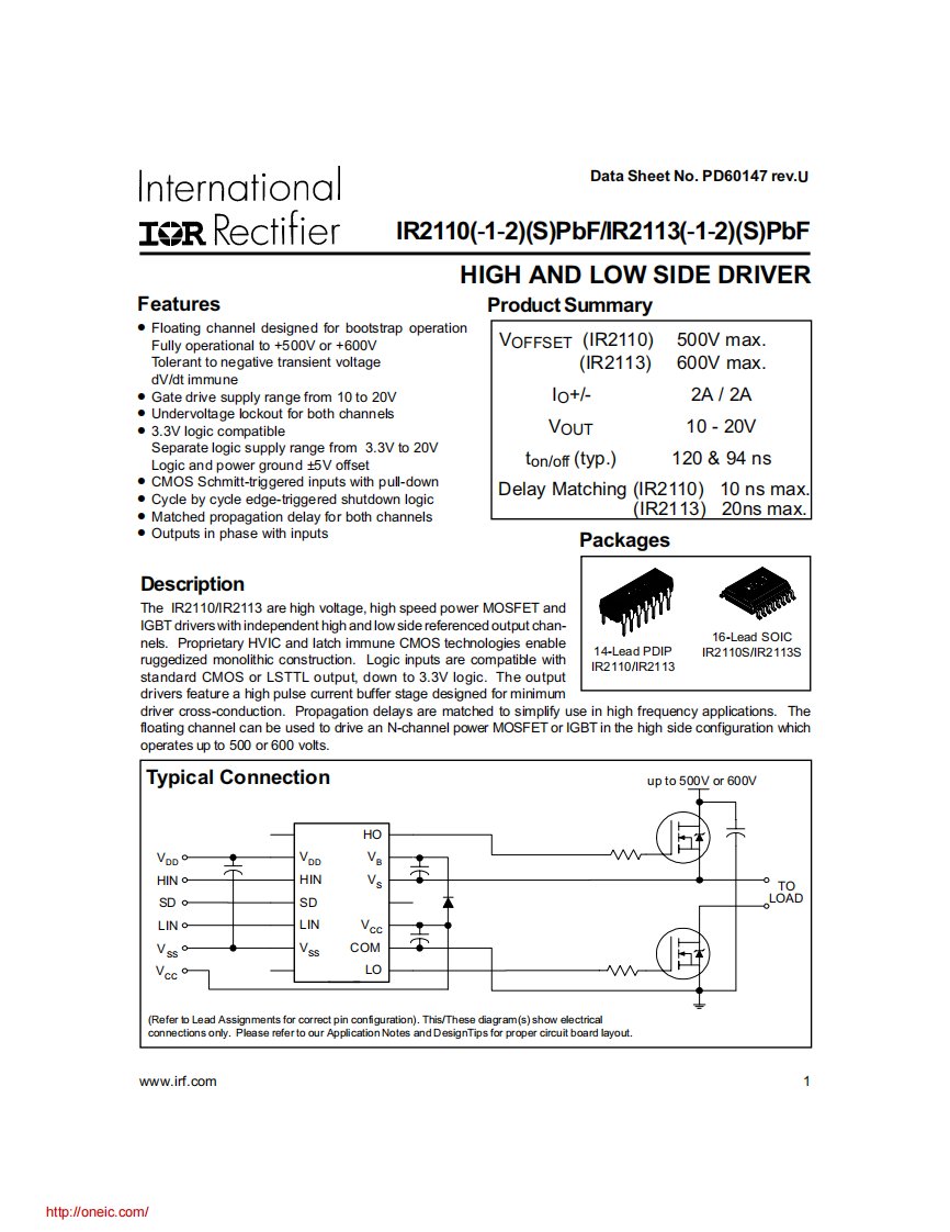 ir2110spbf;ir2113pbf;ir2113-2pbf;ir2110-2pbf;ir2113-1pbf;中文规格书-datasheet资料