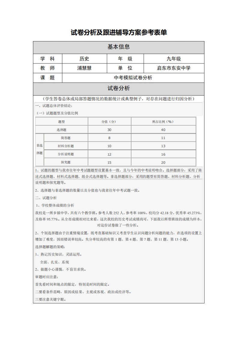 九年级历史模拟试卷分析