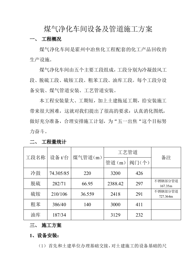 煤气净化车间设备及管道施工方案