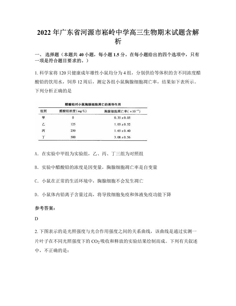 2022年广东省河源市崧岭中学高三生物期末试题含解析