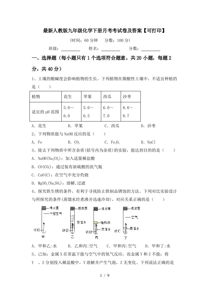 最新人教版九年级化学下册月考考试卷及答案可打印