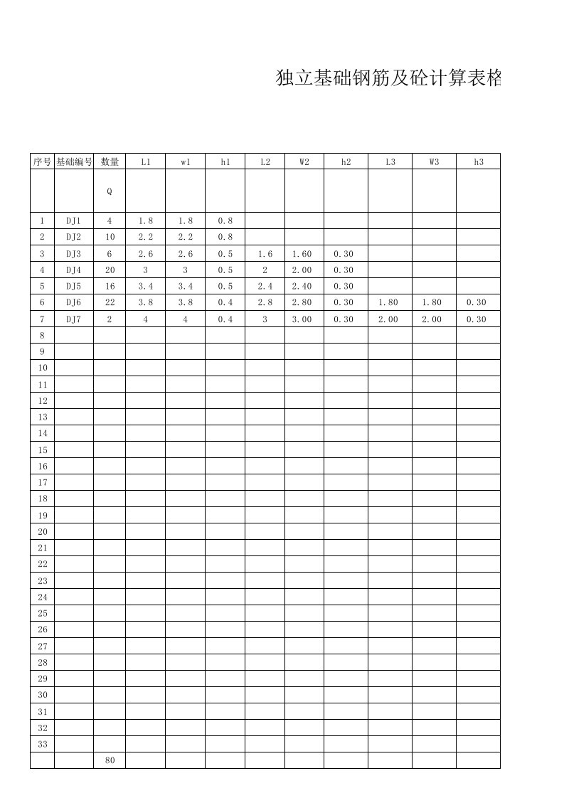 独立基础钢筋及砼计算表格