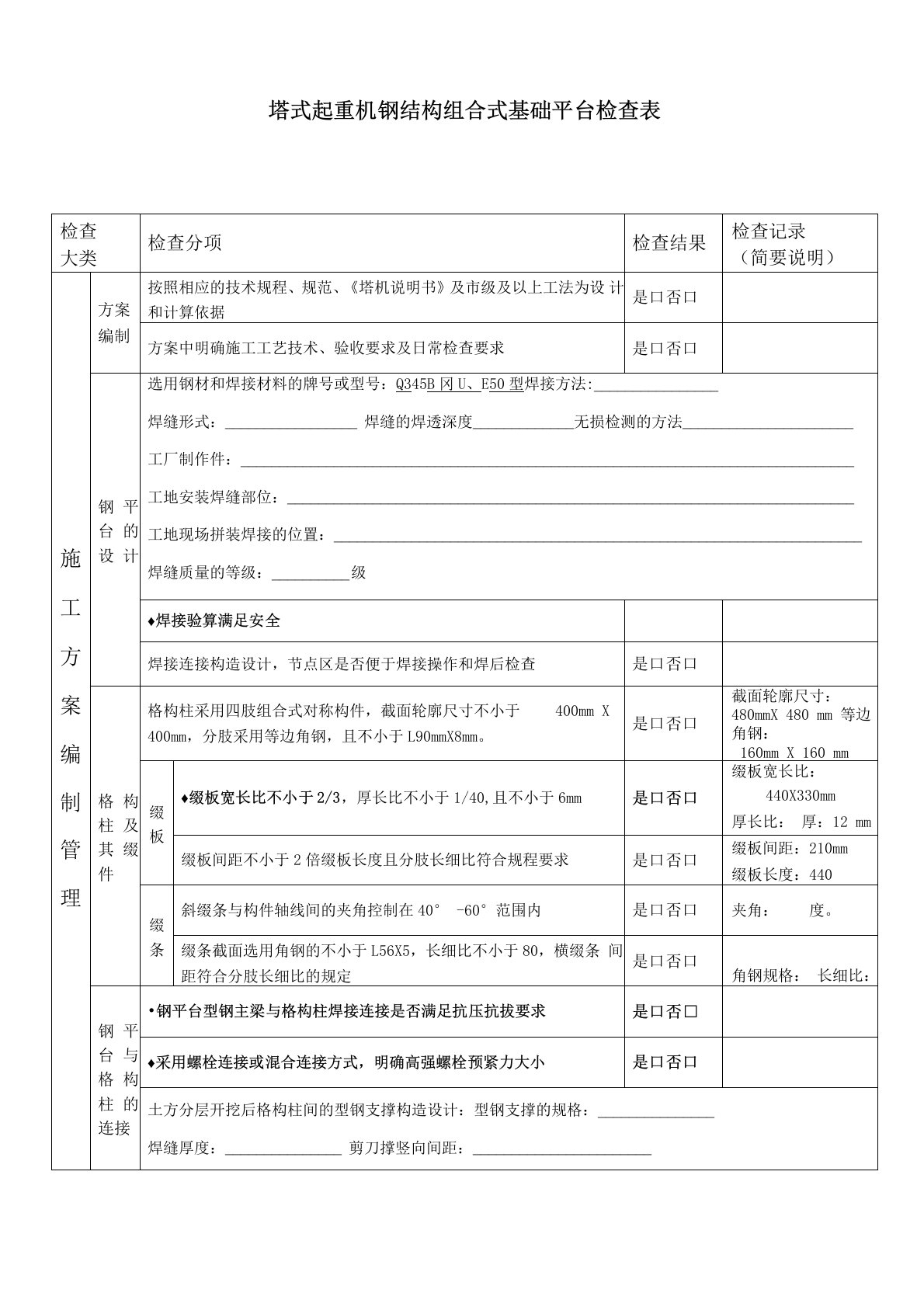 塔式起重机钢结构组合式基础平台检查表