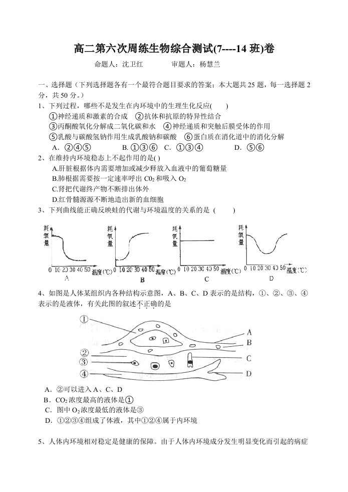 高二第六次周练生物综合测试