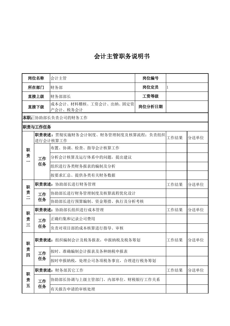 电力公司会计主管岗位说明书