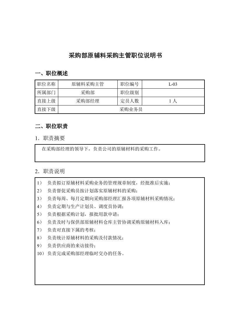 精选钢铁行业-采购部-原辅料采购主管岗位说明书