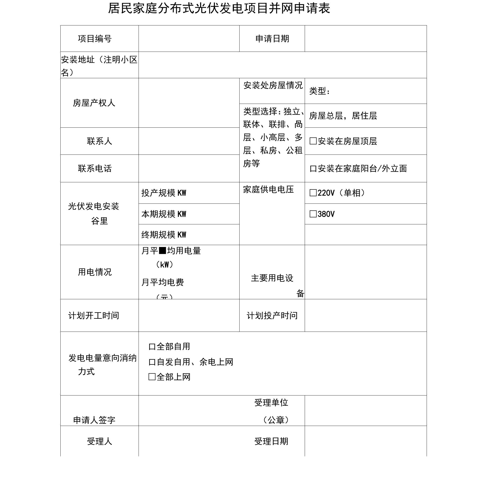 居民家庭分布式光伏发电项目并网申请表