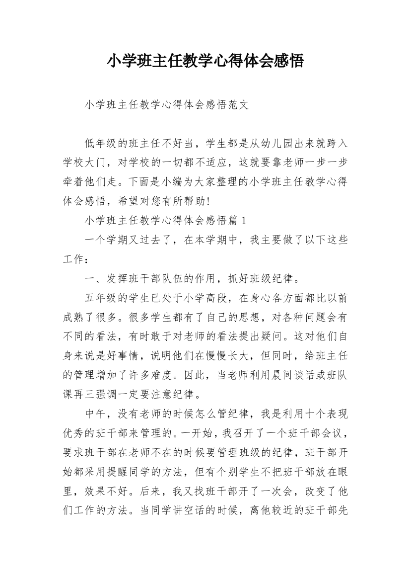 小学班主任教学心得体会感悟