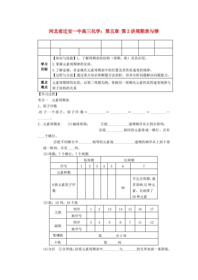 河北省迁安一中高三化学第五章第2讲周期表与律练习