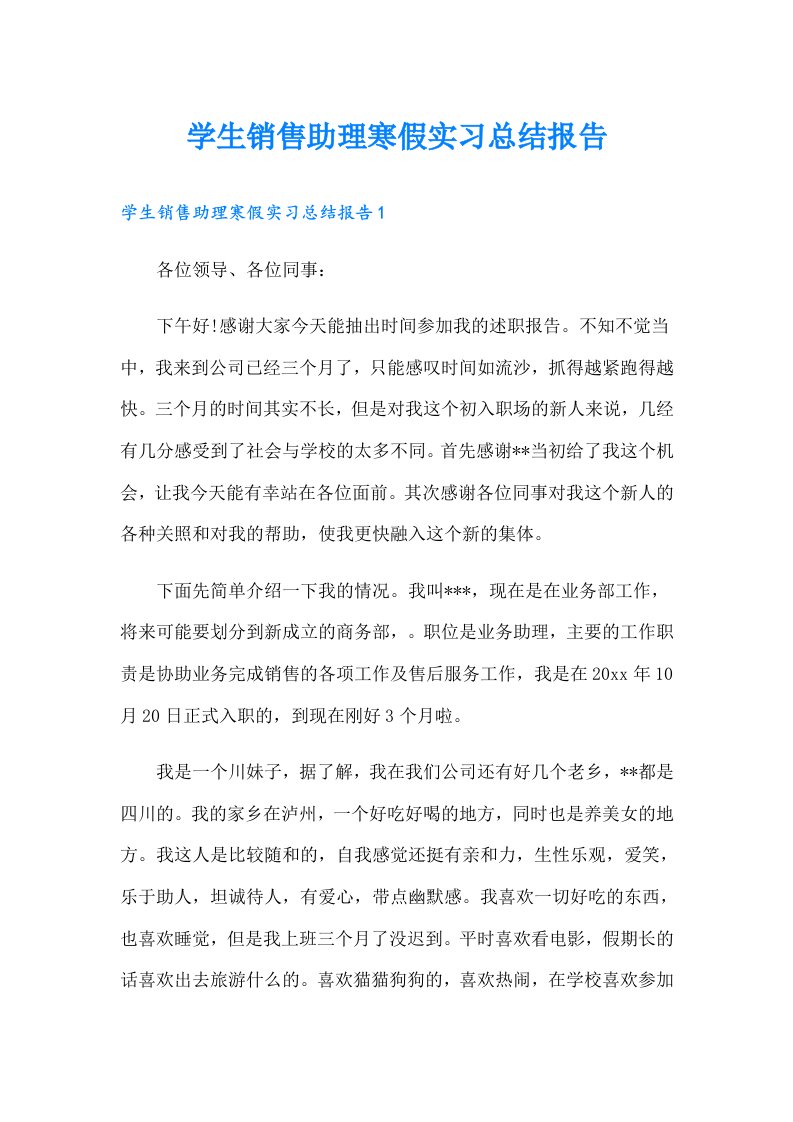 学生销售助理寒假实习总结报告