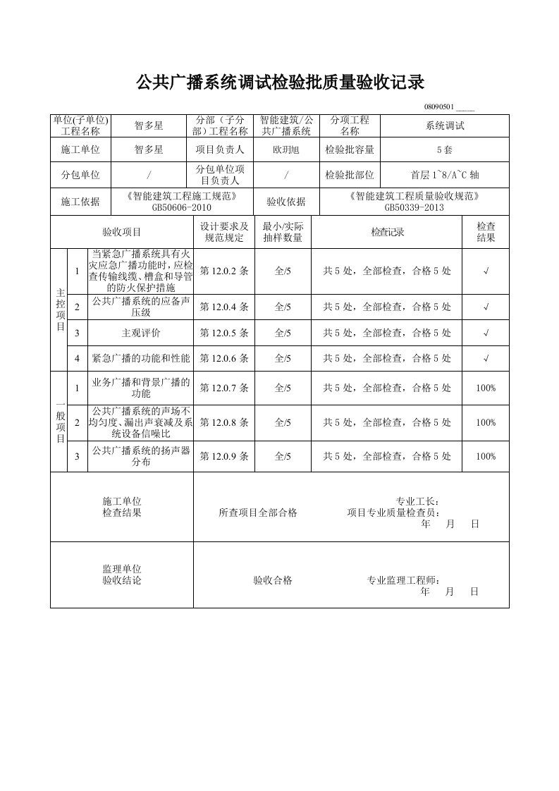 公共广播系统调试检验批质量验收记录