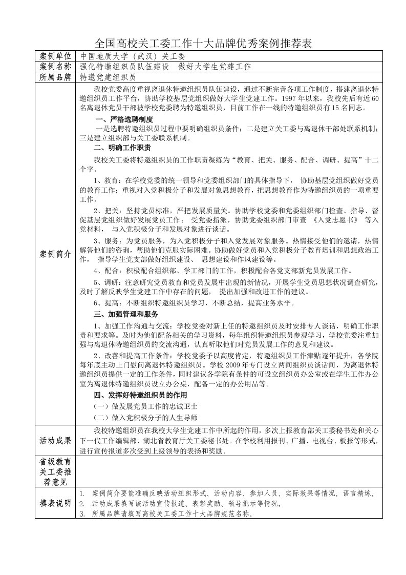 全国高校关工委工作十大品牌优秀案例推荐表