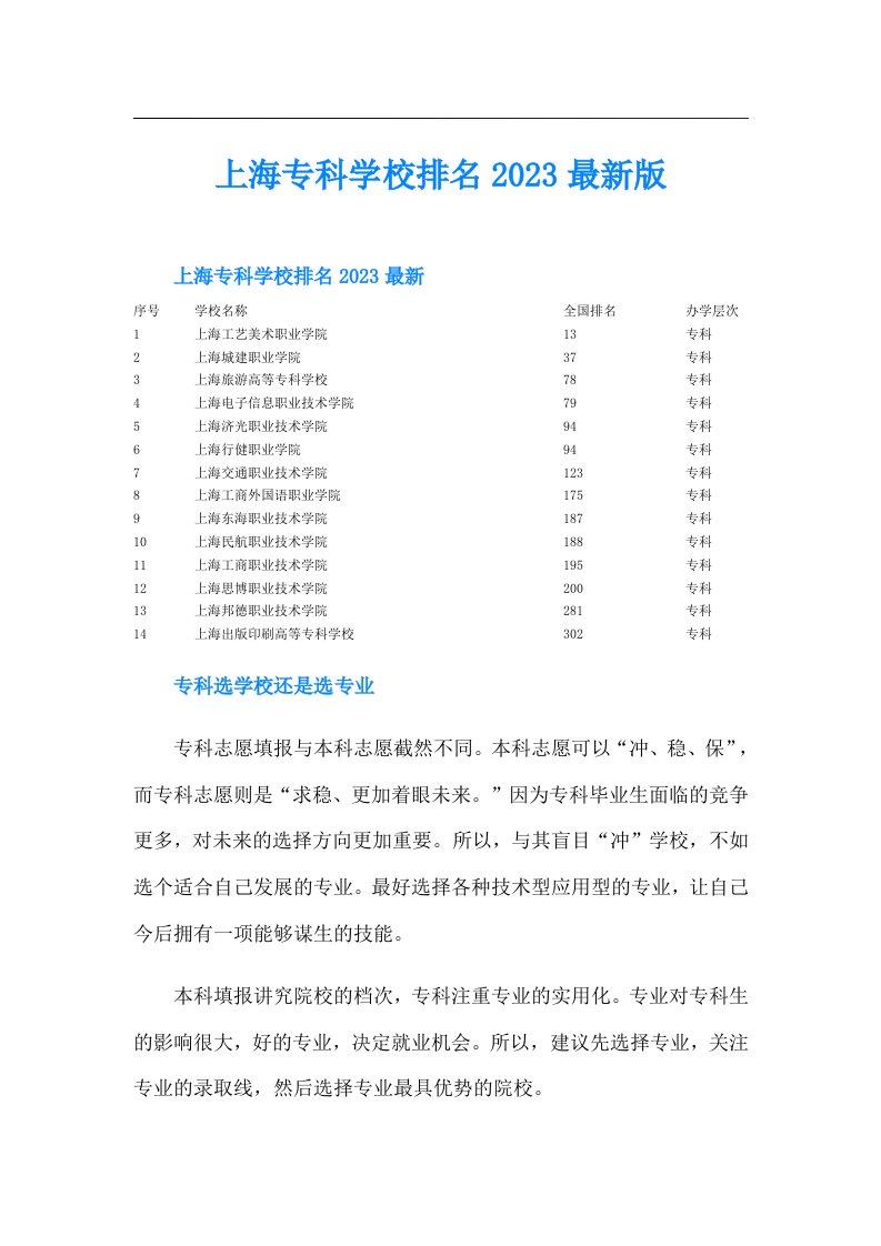 上海专科学校排名最新版