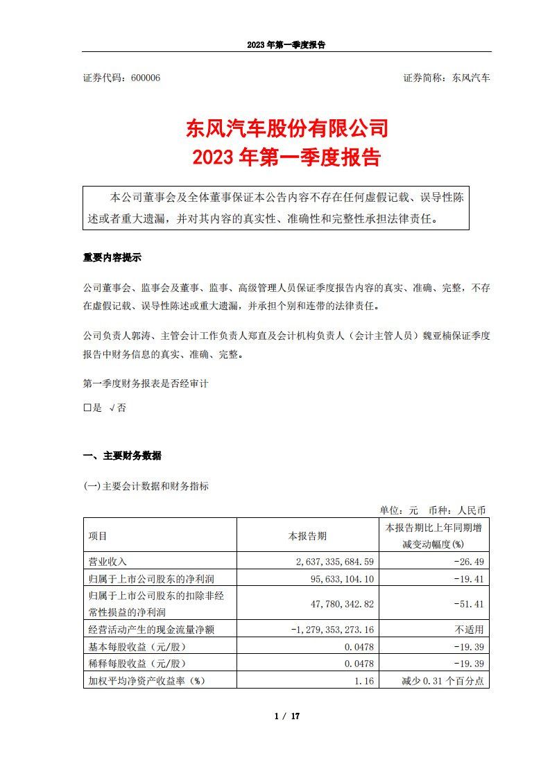 上交所-东风汽车股份有限公司2023年第一季度报告-20230428