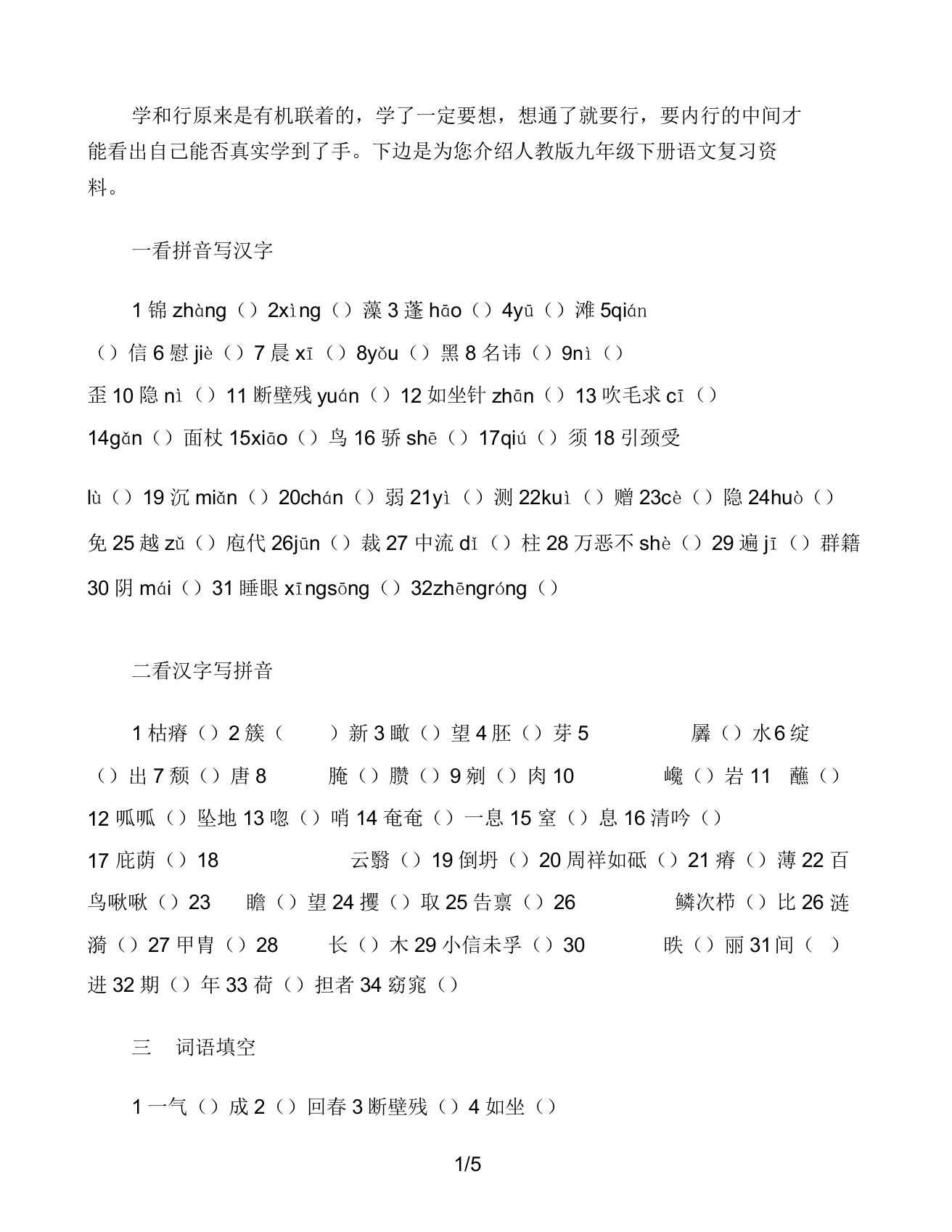 人教版九年级下册语文复习资料