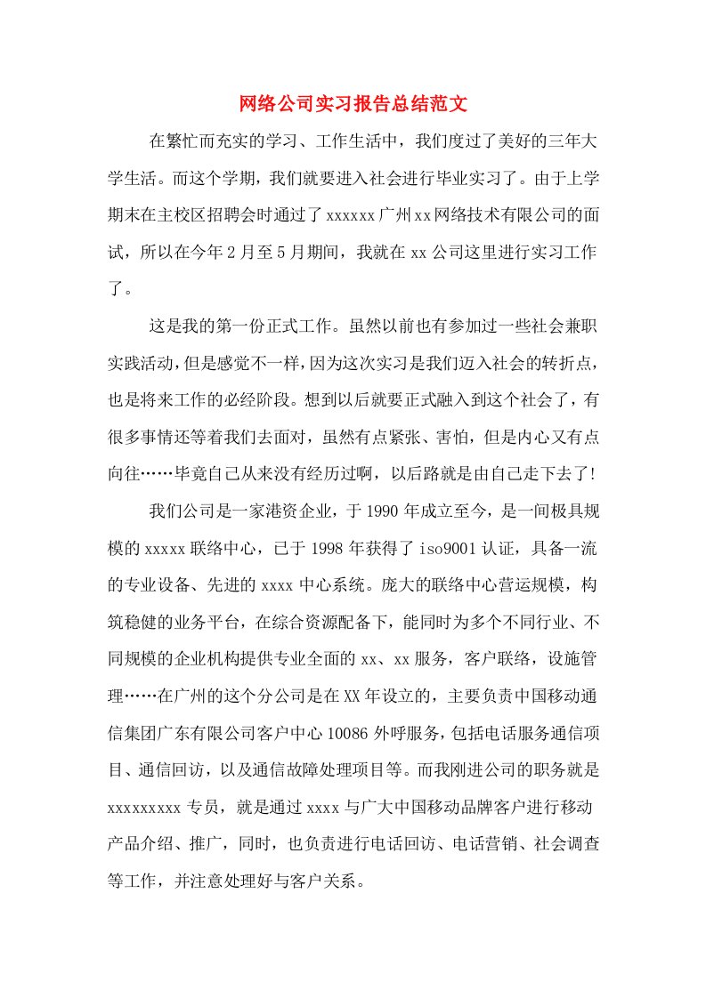 网络公司实习报告总结范文