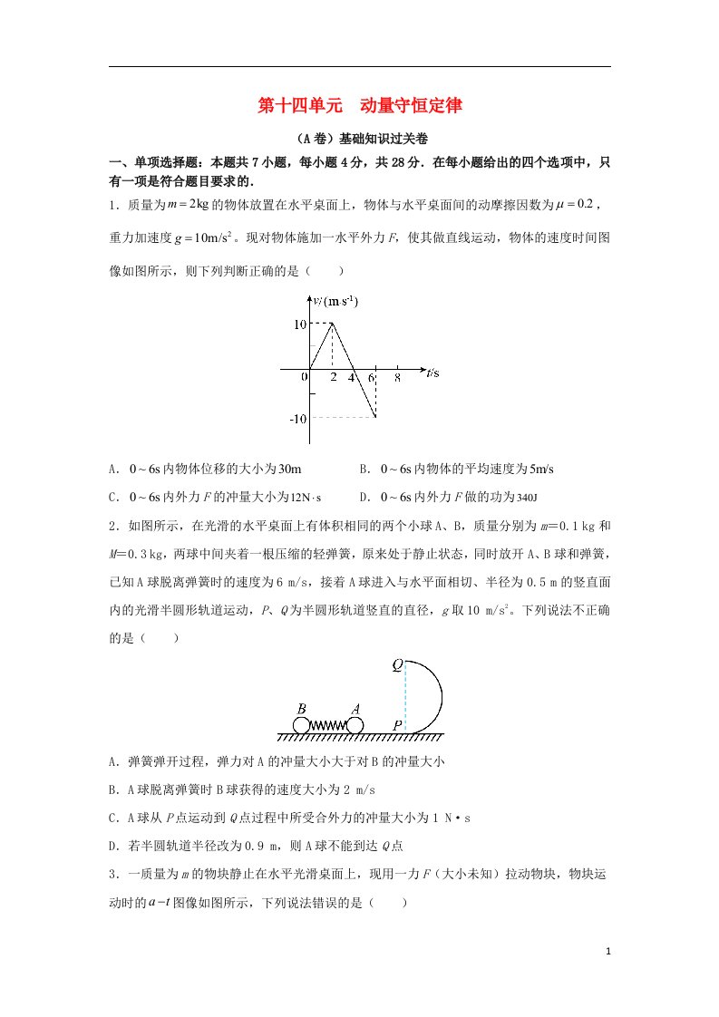 2023届高考物理一轮复习双优单元滚动双测卷动量守恒定律A卷