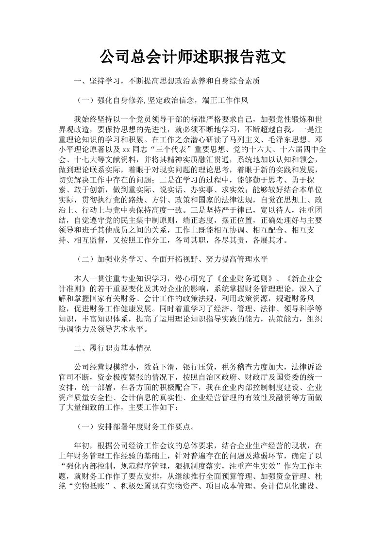 公司总会计师述职报告范文