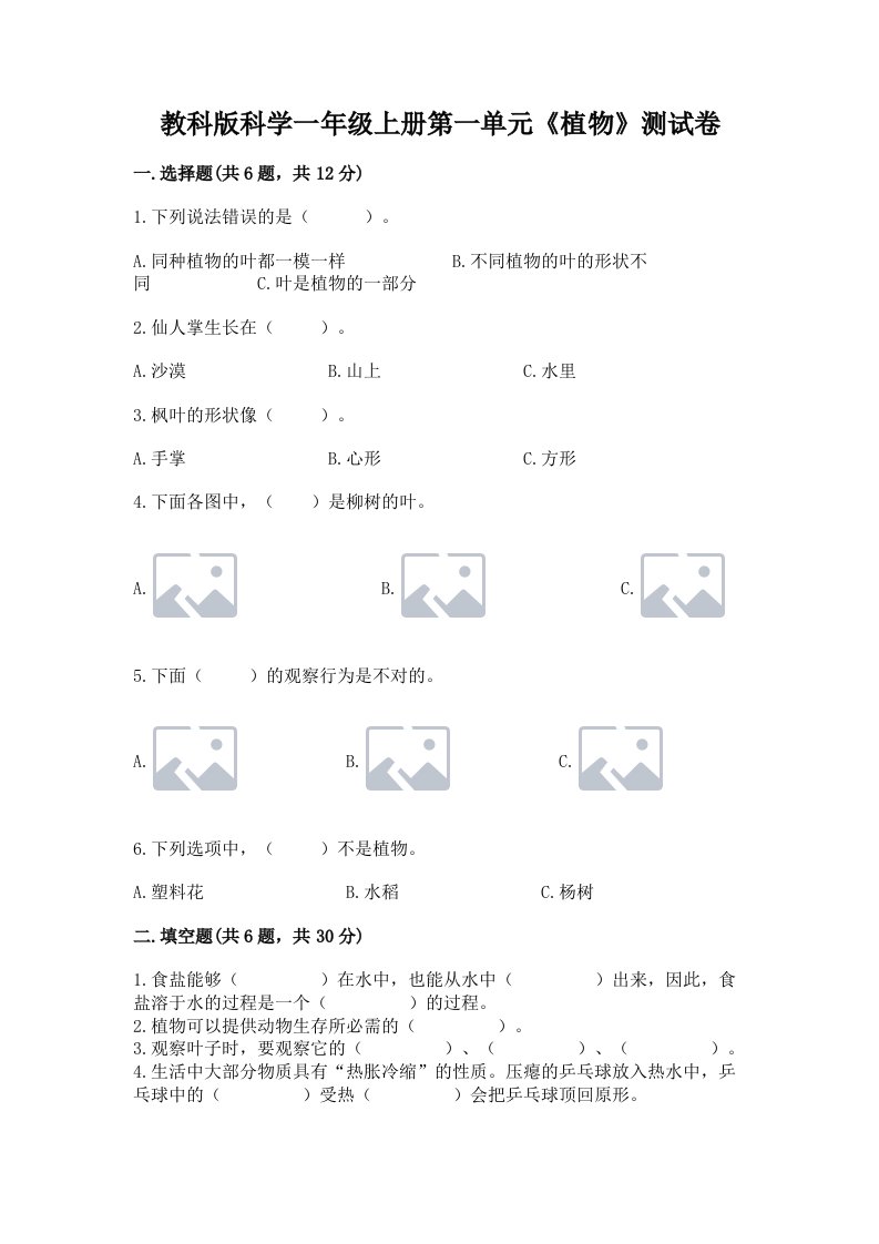 教科版科学一年级上册第一单元《植物》测试卷及完整答案（历年真题）