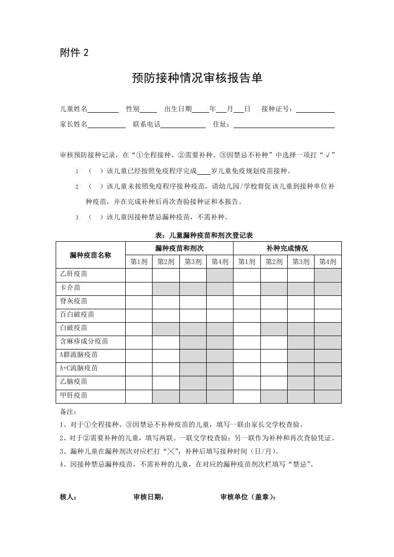 预防接种情况审核报告单