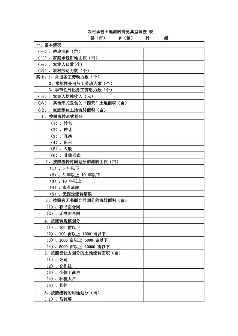 农村承包土地流转情况典型调查表