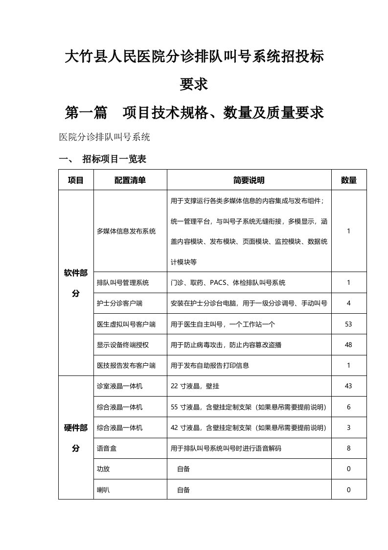 大竹县人民医院分诊排队叫号系统招投标要求