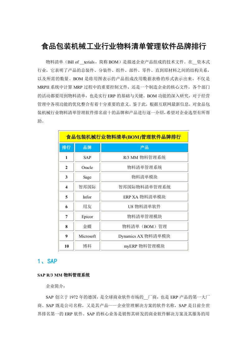 食品包装机械工业行业物料清单管理软件品牌排行