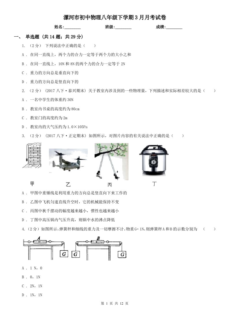 漯河市初中物理八年级下学期3月月考试卷