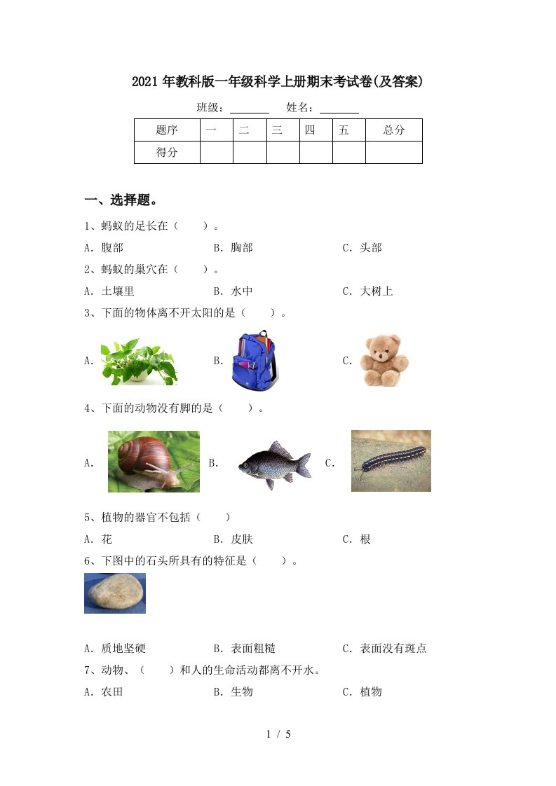 2021年教科版一年级科学上册期末考试卷及答案