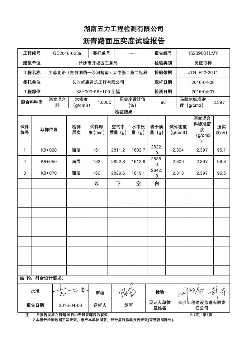 沥青路面压实度试验报告