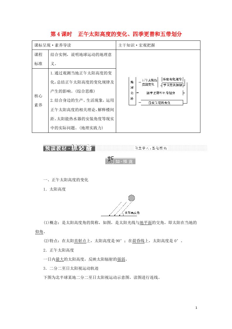 2021_2022学年新教材高中地理第一章地球的运动第二节第4课时正午太阳高度的变化四季更替和五带划分学案新人教版选择性必修1