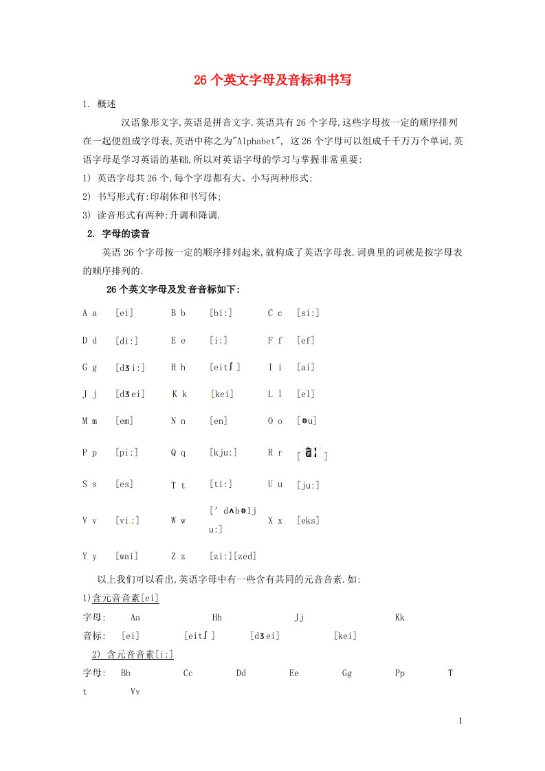 2021秋七年级英语上册Unit1Schoolandfriends文化背景资料26个英文字母音标及书写新版冀教版