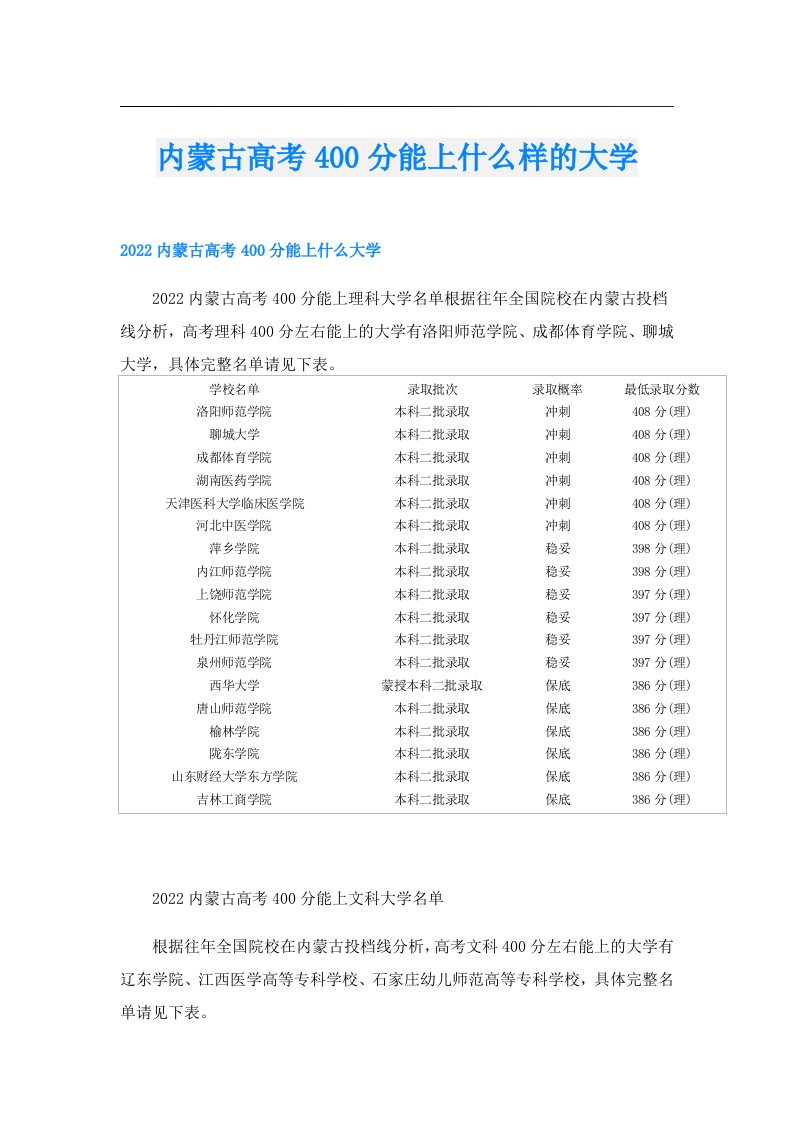 内蒙古高考400分能上什么样的大学