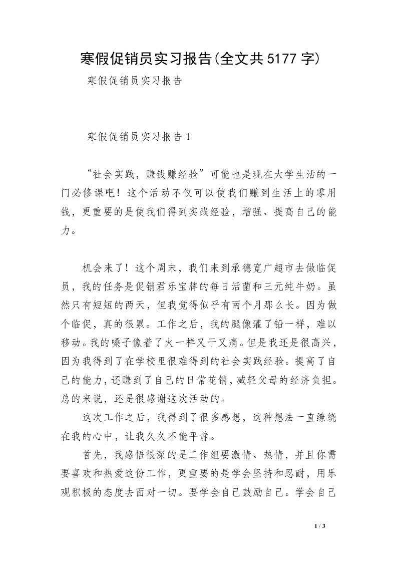 寒假促销员实习报告(全文共5177字)